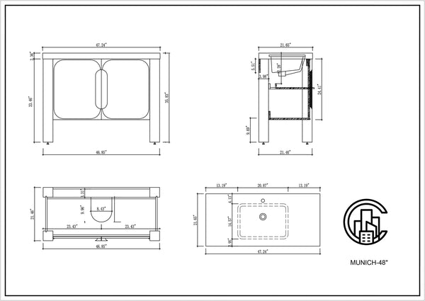 MUNICH 48” NATURAL TEAK BATHROOM VANITY ( BLACK/WHITE COUNTERTOP)