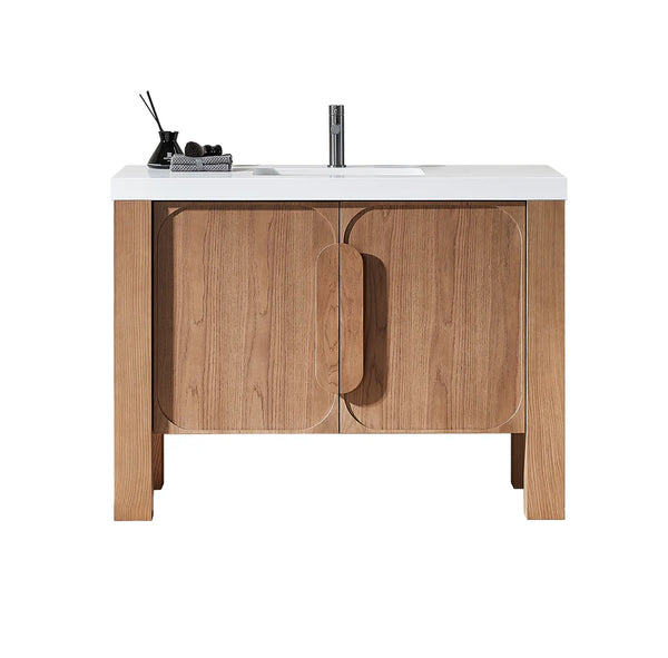 MUNICH 48” NATURAL TEAK BATHROOM VANITY ( BLACK/WHITE COUNTERTOP)