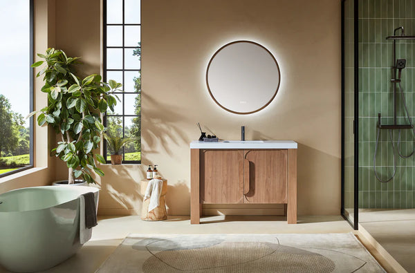 MUNICH 48” NATURAL TEAK BATHROOM VANITY ( BLACK/WHITE COUNTERTOP)