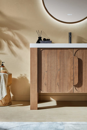 MUNICH 48” NATURAL TEAK BATHROOM VANITY ( BLACK/WHITE COUNTERTOP)