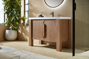 MUNICH 48” NATURAL TEAK BATHROOM VANITY ( BLACK/WHITE COUNTERTOP)