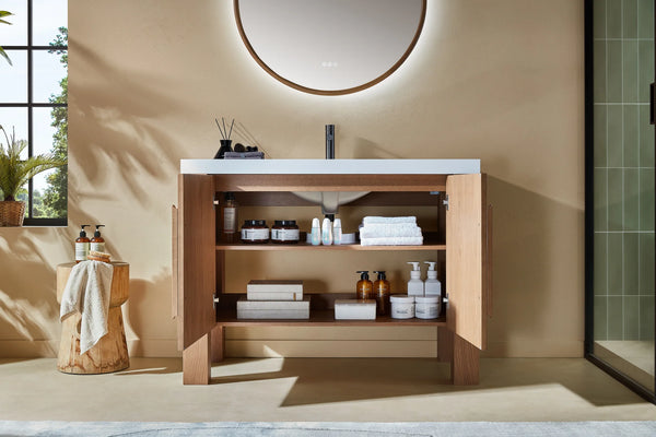 MUNICH 48” NATURAL TEAK BATHROOM VANITY ( BLACK/WHITE COUNTERTOP)