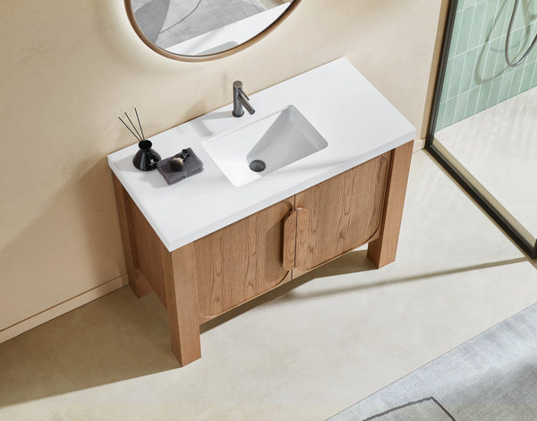 MUNICH 48” NATURAL TEAK BATHROOM VANITY ( BLACK/WHITE COUNTERTOP)