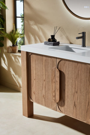 MUNICH 48” NATURAL TEAK BATHROOM VANITY ( BLACK/WHITE COUNTERTOP)