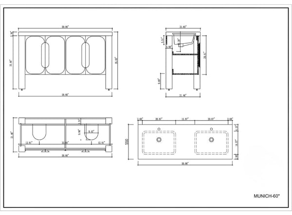 MUNICH 60" NATURAL TEAK WITH BLACK COUNTERTOP BATHROOM VANITY