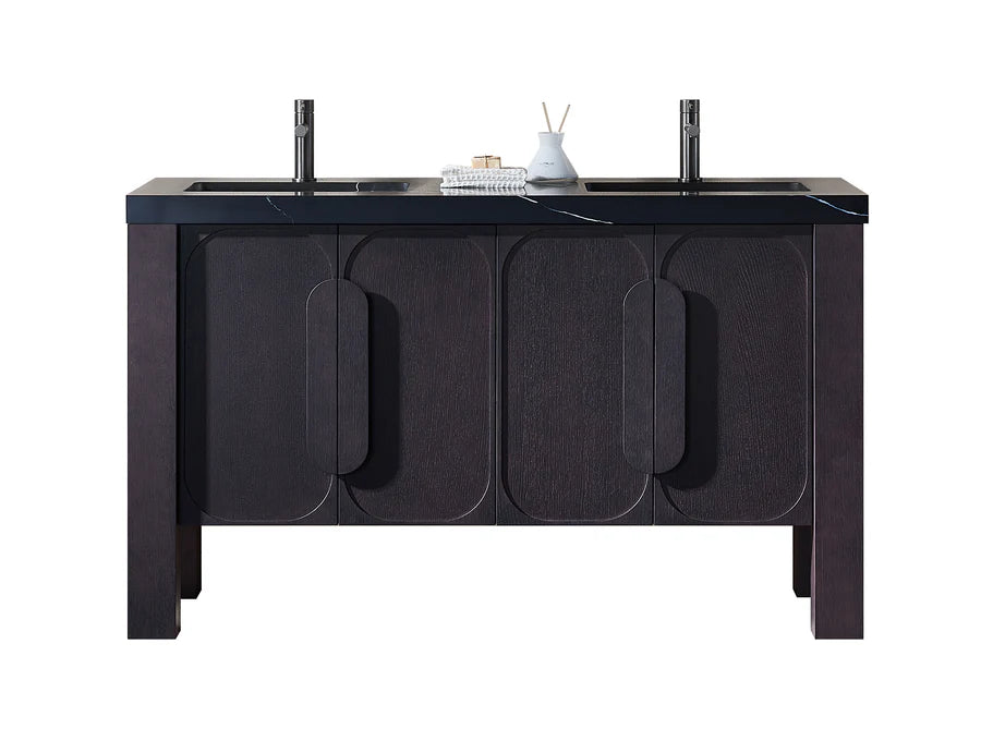 MUNICH 60” ESPRESSO OAK BATHROOM VANITY ( BLACK/WHITE COUNTERTOP )