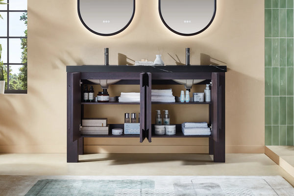 MUNICH 60” ESPRESSO OAK BATHROOM VANITY ( BLACK/WHITE COUNTERTOP )