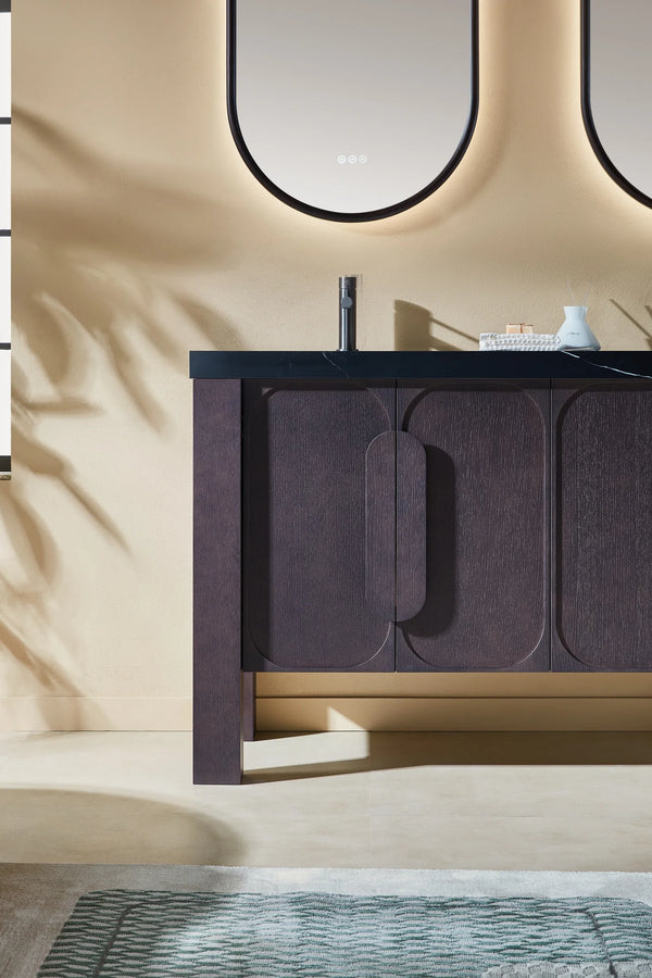MUNICH 60” ESPRESSO OAK BATHROOM VANITY ( BLACK/WHITE COUNTERTOP )
