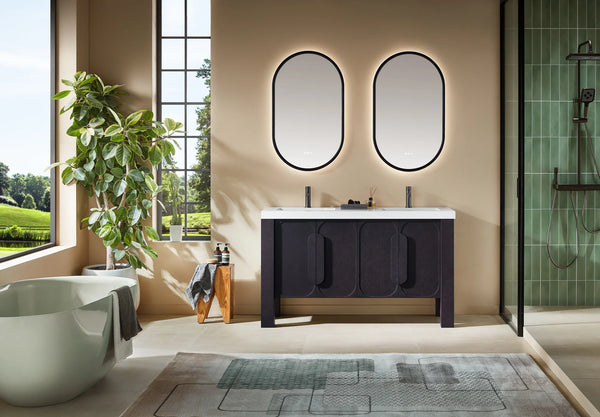 MUNICH 60” ESPRESSO OAK BATHROOM VANITY ( BLACK/WHITE COUNTERTOP )
