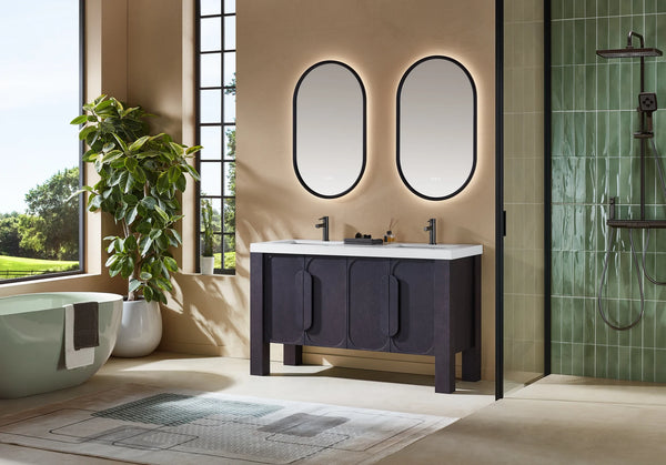 MUNICH 60” ESPRESSO OAK BATHROOM VANITY ( BLACK/WHITE COUNTERTOP )