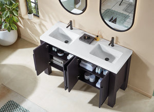 MUNICH 60” ESPRESSO OAK BATHROOM VANITY ( BLACK/WHITE COUNTERTOP )