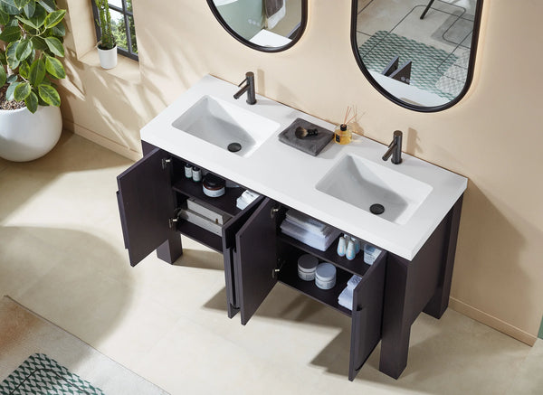 MUNICH 60” ESPRESSO OAK BATHROOM VANITY ( BLACK/WHITE COUNTERTOP )