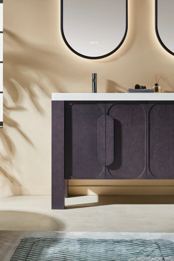 MUNICH 60” ESPRESSO OAK BATHROOM VANITY ( BLACK/WHITE COUNTERTOP )