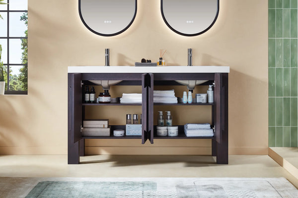 MUNICH 60” ESPRESSO OAK BATHROOM VANITY ( BLACK/WHITE COUNTERTOP )
