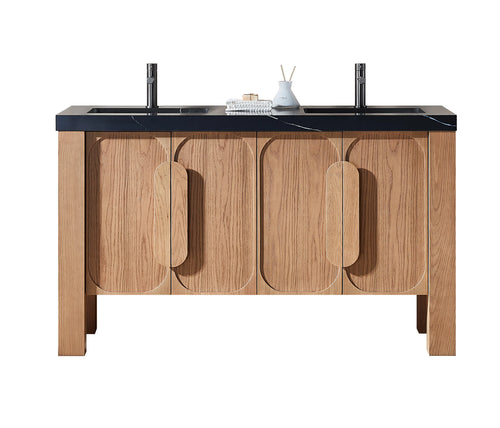 MUNICH 60” NATURAL TEAK BATHROOM VANITY ( BLACK/WHITE COUNTERTOP )