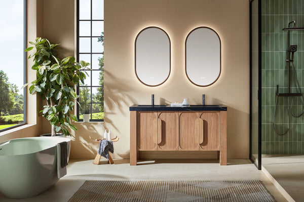 MUNICH 60” NATURAL TEAK BATHROOM VANITY ( BLACK/WHITE COUNTERTOP )