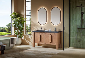 MUNICH 60” NATURAL TEAK BATHROOM VANITY ( BLACK/WHITE COUNTERTOP )