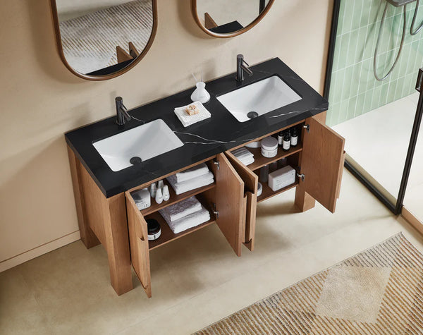 MUNICH 60” NATURAL TEAK BATHROOM VANITY ( BLACK/WHITE COUNTERTOP )