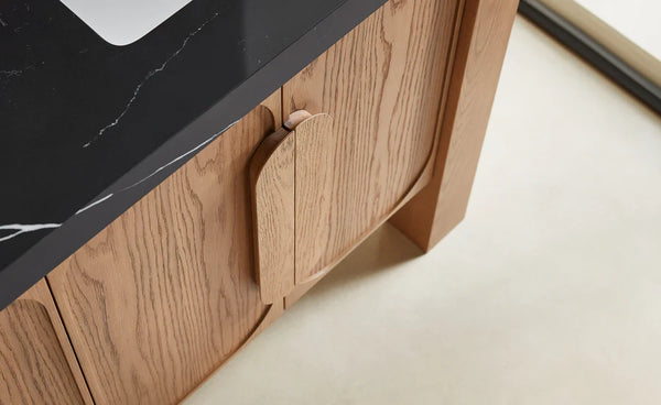 MUNICH 60” NATURAL TEAK BATHROOM VANITY ( BLACK/WHITE COUNTERTOP )