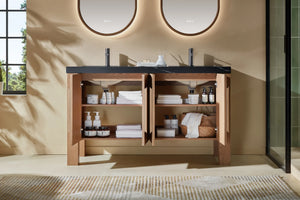 MUNICH 60” NATURAL TEAK BATHROOM VANITY ( BLACK/WHITE COUNTERTOP )