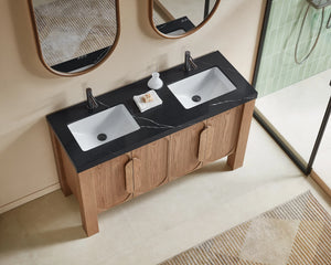 MUNICH 60” NATURAL TEAK BATHROOM VANITY ( BLACK/WHITE COUNTERTOP )