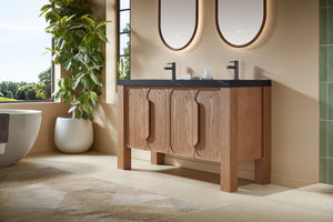 MUNICH 60” NATURAL TEAK BATHROOM VANITY ( BLACK/WHITE COUNTERTOP )