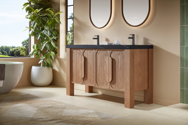 MUNICH 60” NATURAL TEAK BATHROOM VANITY ( BLACK/WHITE COUNTERTOP )