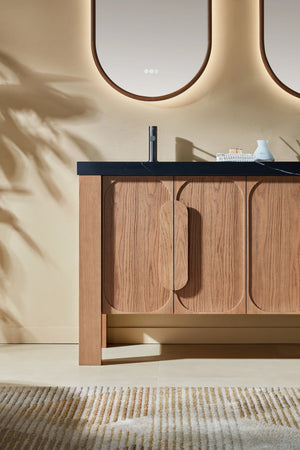 MUNICH 60” NATURAL TEAK BATHROOM VANITY ( BLACK/WHITE COUNTERTOP )