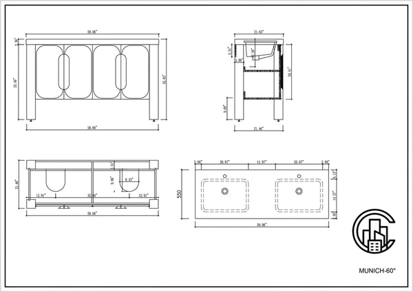 MUNICH 60” NATURAL TEAK BATHROOM VANITY ( BLACK/WHITE COUNTERTOP )