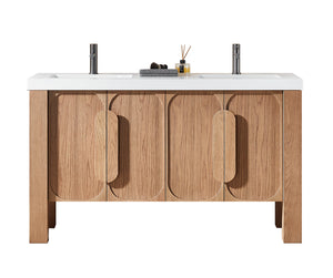 MUNICH 60” NATURAL TEAK BATHROOM VANITY ( BLACK/WHITE COUNTERTOP )