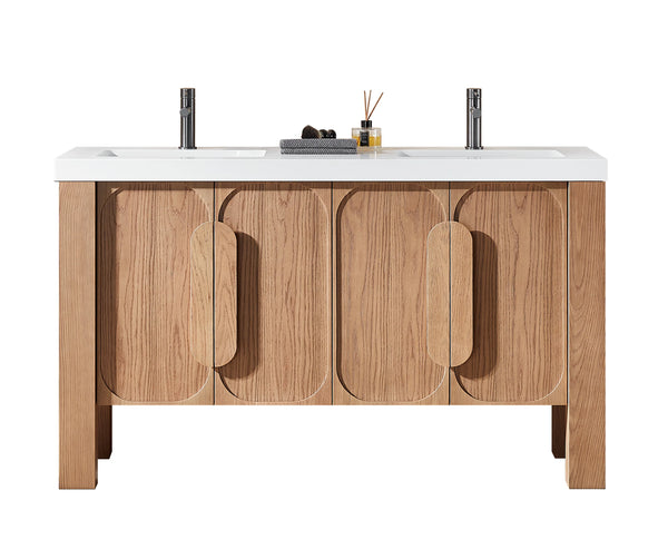 MUNICH 60” NATURAL TEAK BATHROOM VANITY ( BLACK/WHITE COUNTERTOP )