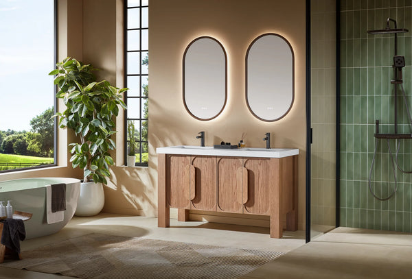 MUNICH 60” NATURAL TEAK BATHROOM VANITY ( BLACK/WHITE COUNTERTOP )