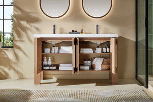 MUNICH 60” NATURAL TEAK BATHROOM VANITY ( BLACK/WHITE COUNTERTOP )