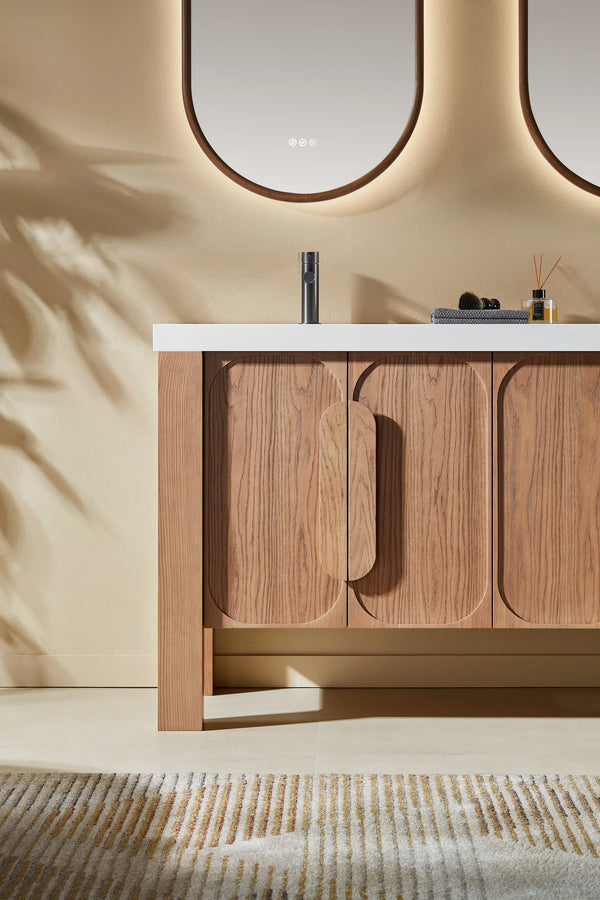 MUNICH 60” NATURAL TEAK BATHROOM VANITY ( BLACK/WHITE COUNTERTOP )