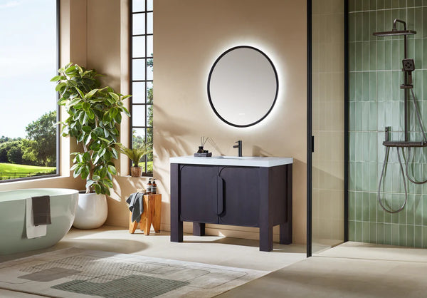 MUNICH 48” ESPRESSO OAK BATHROOM VANITY ( BLACK/WHITE COUNTERTOP)