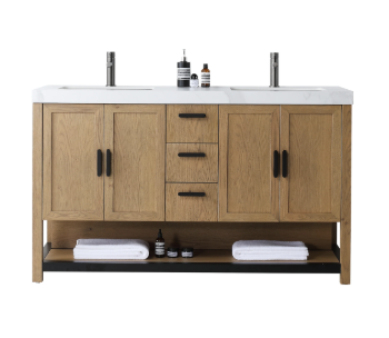 WINCHESTER 60” PECAN OAK WITH WHITE COUNTERTOP BATHROOM VANITY