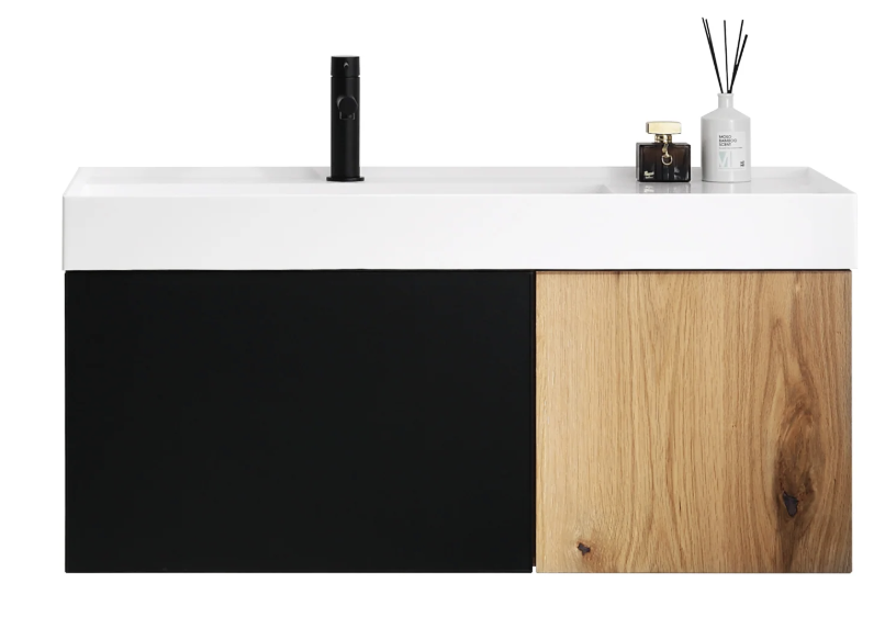 LUGANO 42” MATTE BLACK GLASS/MAPLE BATHROOM VANITY