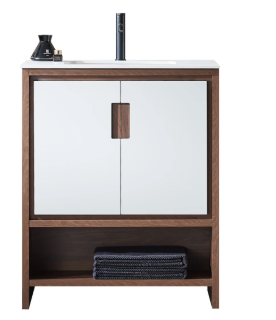 LYON 30" BEIGE + WALNUT WITH WHITE COUNTERTOP BATHROOM VANITY