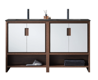 LYON 60” BEIGE/WALNUT WITH BLACK COUNTERTOP BATHROOM VANITY