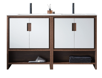 LYON 60” BEIGE/WALNUT WITH WHITE COUNTERTOP BATHROOM VANITY