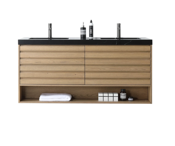 MATERA 60" PECAN OAK WITH BLACK COUNTERTOP BATHROOM VANITY