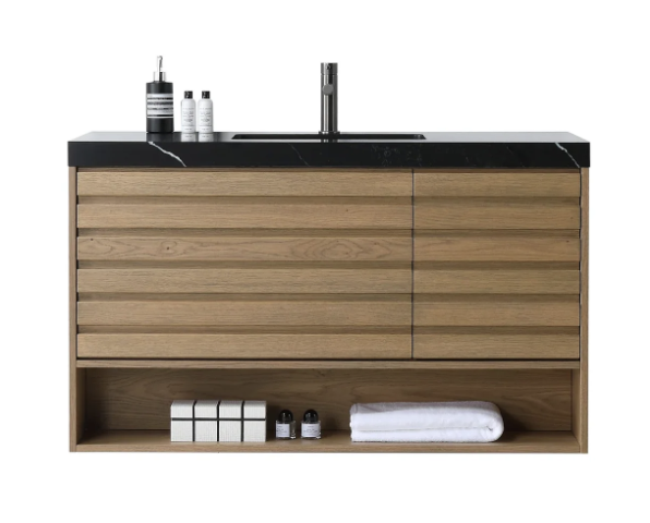 MATERA 48" PECAN OAK WITH BLACK COUNTERTOP BATHROOM VANITY