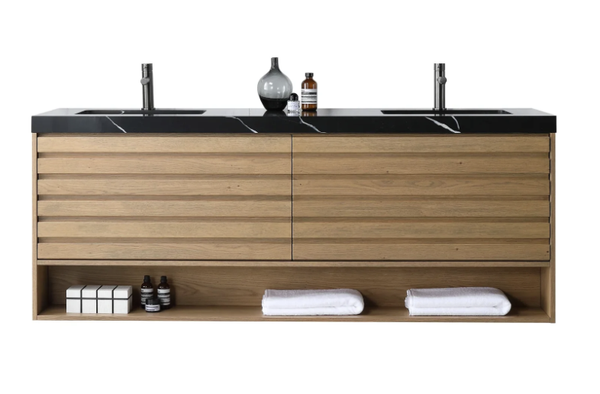 MATERA 72" PECAN OAK WITH BLACK COUNTERTOP BATHROOM VANITY