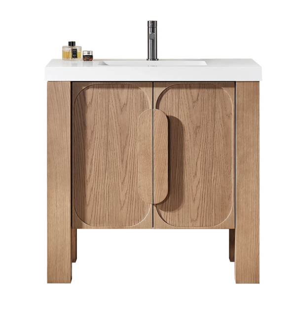 MUNICH 36" NATURAL TEAK WITH WHITE COUNTERTOP BATHROOM VANITY