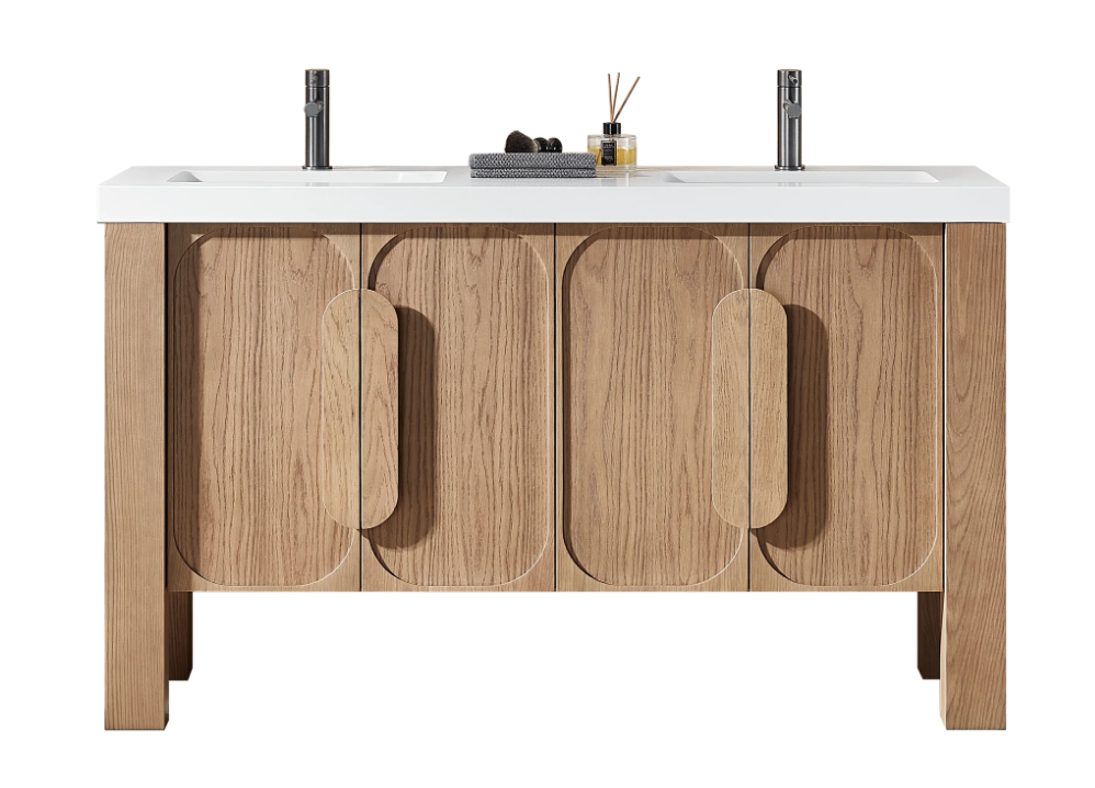 MUNICH 60" NATURAL TEAK WITH WHITE COUNTERTOP BATHROOM VANITY