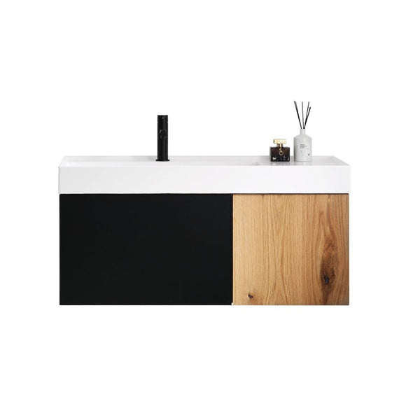 LUGANO 42” MATTE BLACK GLASS/MAPLE BATHROOM VANITY