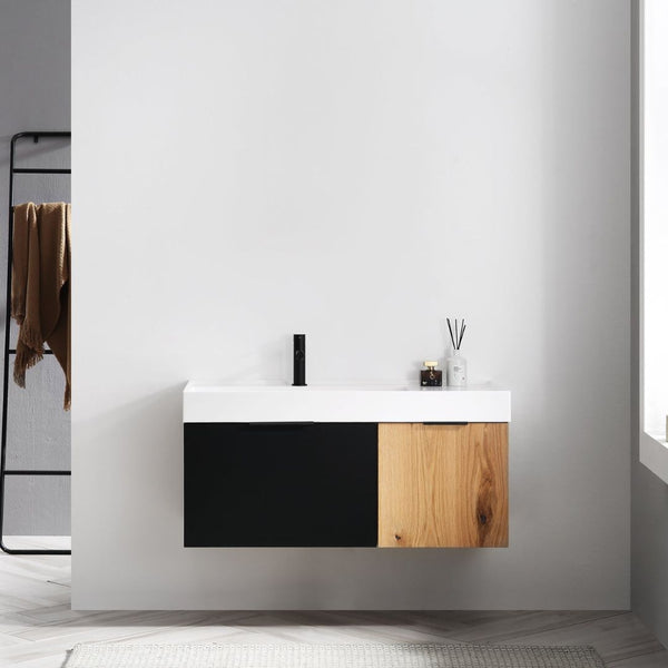 LUGANO 42” MATTE BLACK GLASS/MAPLE BATHROOM VANITY