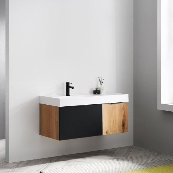 LUGANO 42” MATTE BLACK GLASS/MAPLE BATHROOM VANITY
