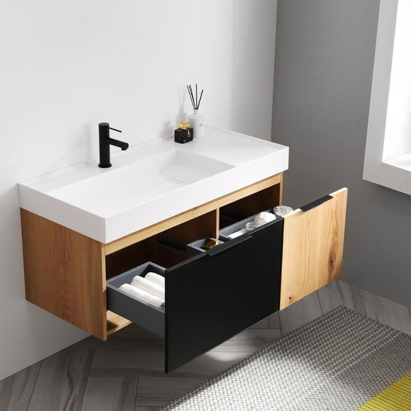 LUGANO 42” MATTE BLACK GLASS/MAPLE BATHROOM VANITY