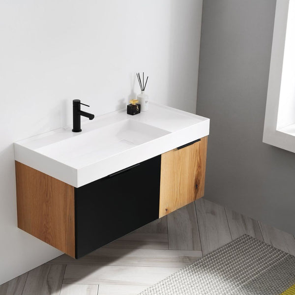 LUGANO 42” MATTE BLACK GLASS/MAPLE BATHROOM VANITY
